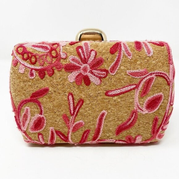 D'MARGEAUX NEW YORK | Pink Embroidered Floral Cork Clutch w/Crossbody Chain - Picture 2 of 8